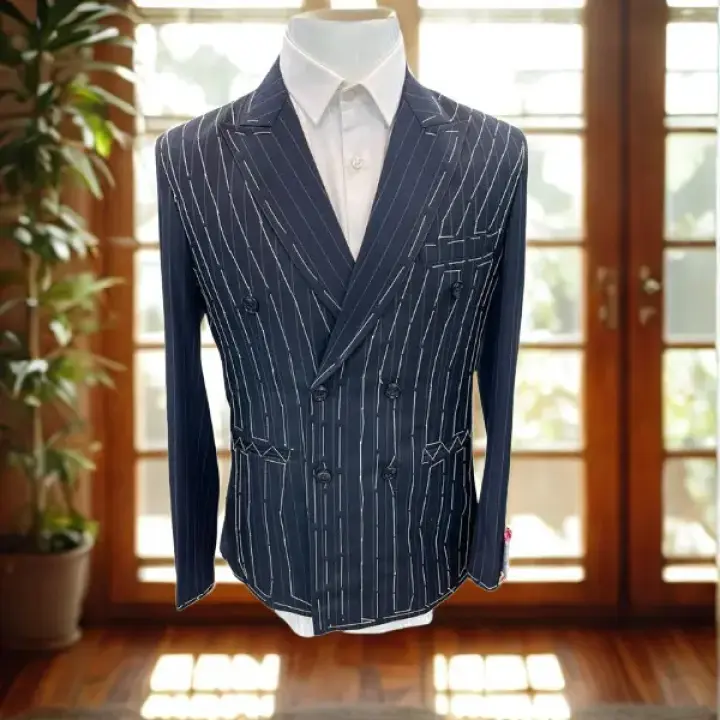 Men’s Navy Blue Double-Breasted Pinstripe Blazer – Slim Fit Formal Suit Jacket